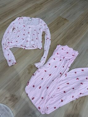 Pink Floral Pajama Set - Soft Ribbed Two-Piece